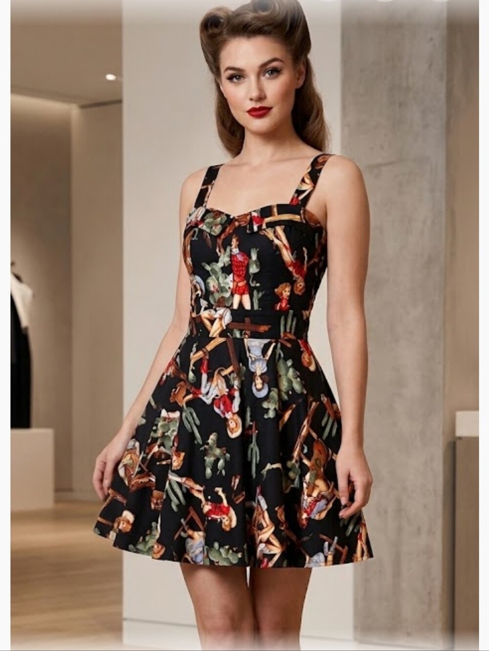 NWT. Penelope Retro Cowgirl Print Swing Dress 1950's  Rockabilly Pinup Western